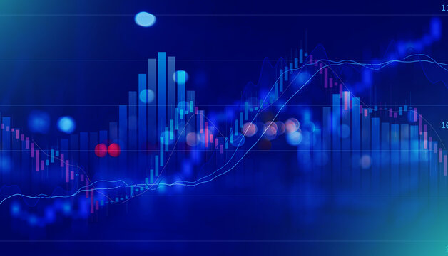 Abstract financial stock market chart with glowing blue candlestick patterns and data trends representing global economic growth and digital investment