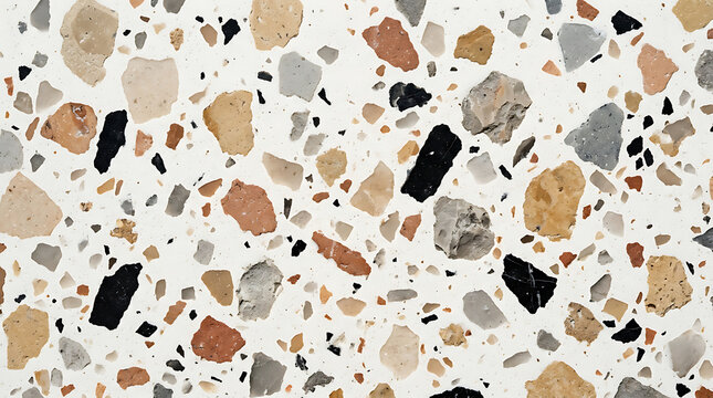 White terrazzo surface with irregular chips of black brown grey and beige texture background aggregate