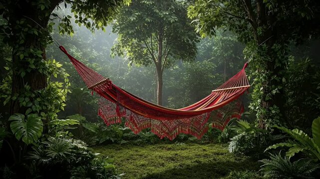 Vibrant Hammock Hanging Between Trees Lush Green Forest Sunlight Rays