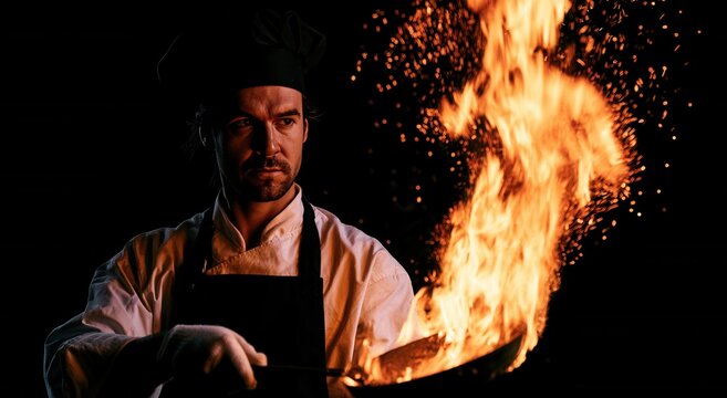 Chef cooking with flames in a kitchen at night during a culinary demonstration