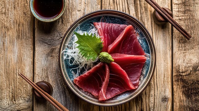 Fresh sashimi served on a plate with wasabi and side of soy sauce