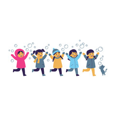 Fototapeta premium Cute cartoon children running and playing together in winter clothes