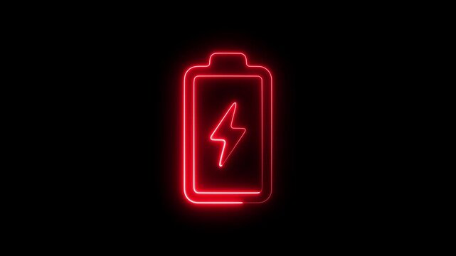 Red neon battery with lightning bolt symbol glowing on black background, energy concept animation electricity