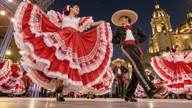 Mexican Ballet Folklorico Dancers in Traditional Red Dress and Charro Suit Performing Folk Dance with Historic Cathedral Architecture