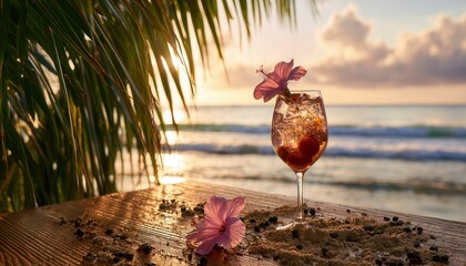 Obraz premium Sunset drink with flowers by the beach near the ocean