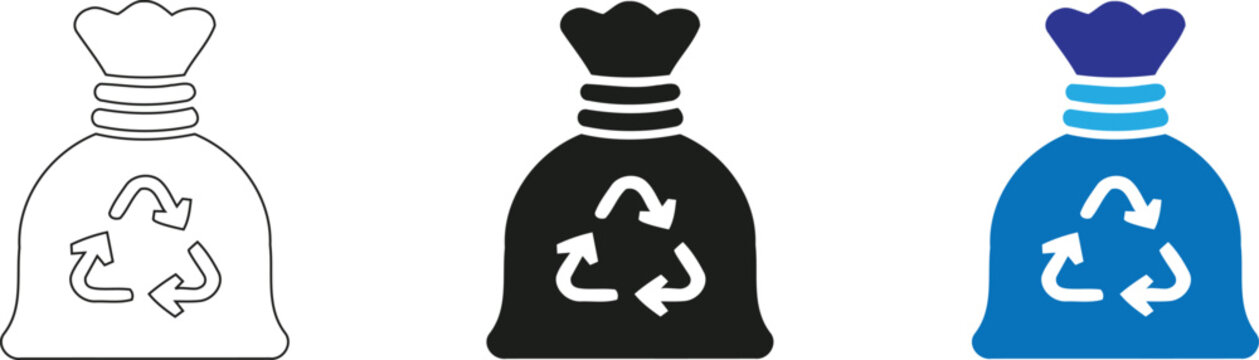 Recycle bag icons set, eco friendly trash sack with recycling symbol, 3 vector elements for waste management and environmental conservation