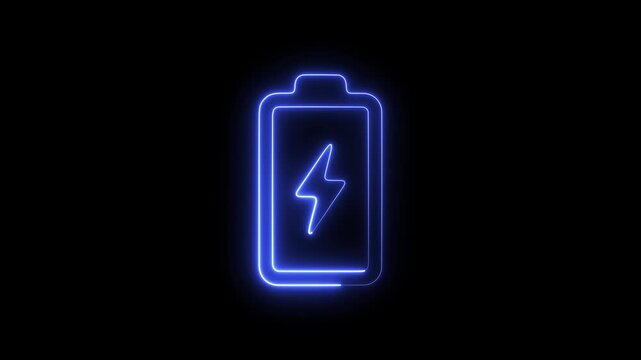 Neon battery charging animation, glowing blue electric power symbol on black background
