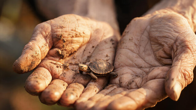 A tiny baby turtle rests on the muddy palms of a person, showing gentle care for small wildlife in natural outdoor settings.