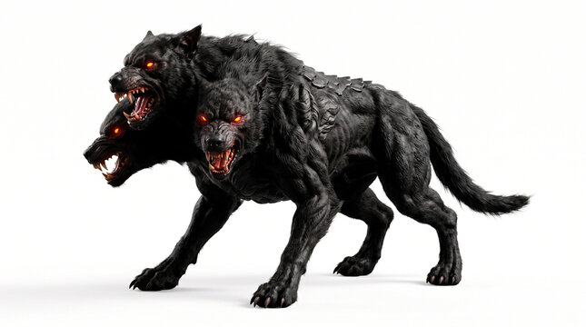 Cerberus mythical three headed hellhound monster standing aggressively with glowing eyes on white background
