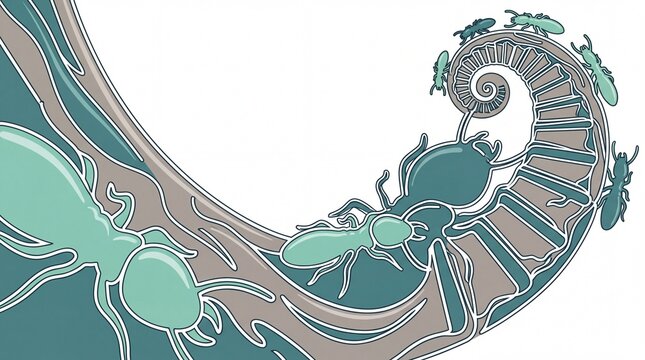 Termites carving intricate spiral staircase into wood in glossy flat vector illustration