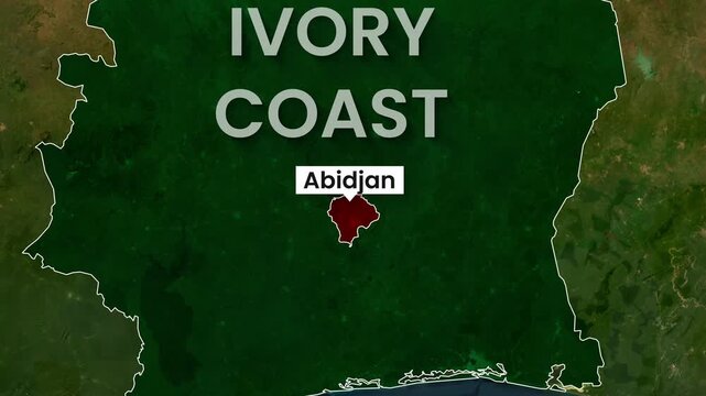 Animated map of Ivory Coast with Abidjan highlighted in motion footage