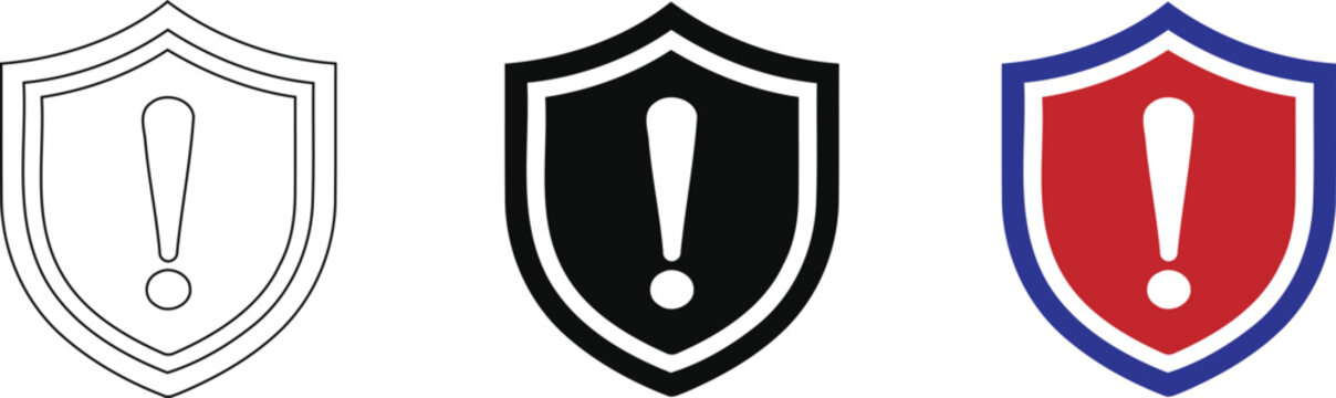 Security shield icons with exclamation mark, 3 vector warning symbols, red and blue alert badges for cyber safety and data protection