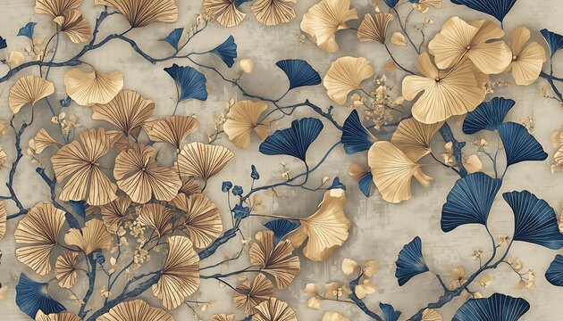 Luxury seamless ginkgo leaf pattern wallpaper mural design copper gold blue line art