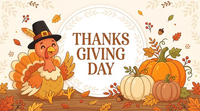 Cartoon turkey wearing pilgrim hat with pumpkins and autumn leaves