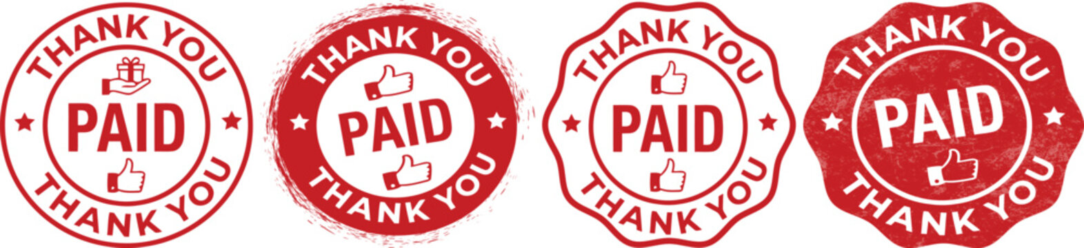 Vintage red paid thank you rubber stamps, set of 4 grunge invoice seals, circular and wavy border business icons for billing on transparent background