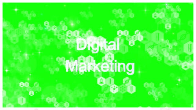 Digital marketing text appears over a green screen background filled with floating hexagonal icons representing modern business technology.