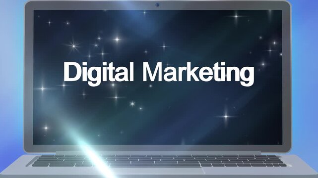 Laptop screen displays the words digital marketing surrounded by glowing starbursts and a deep blue background suitable for professional presentations.