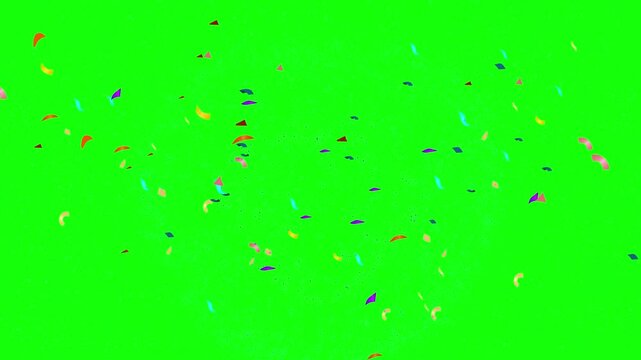 Confetti pieces float across a vibrant green screen background creating a festive atmosphere for celebratory event overlays.