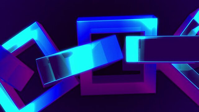 Neon blue and purple 3D geometric rectangle chain glass shape abstract motion background with futuristic glow and depth, 3d animation suitable for ads, presentation, creative media project, web, etc.