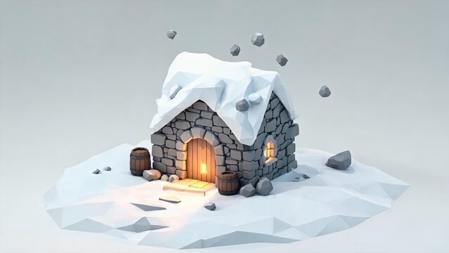 A low poly stone cottage covered in thick snow, with warm glowing light from its arched door and small window, set on a snowy patch.