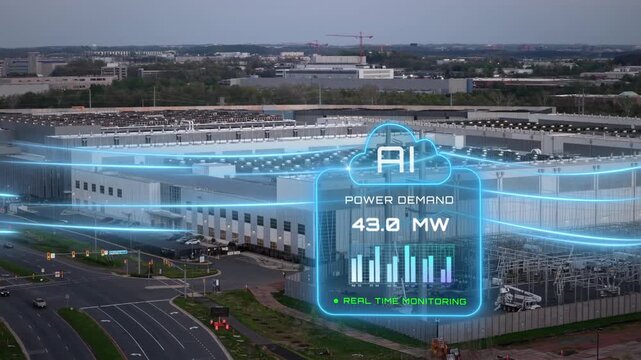 A glowing AI power demand readout floats above a data center and its substation in Ashburn, Virginia, reporting 40.8 megawatts under real time monitoring. Aerial view with motion graphics
