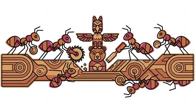 Carpenter ants carving wooden totem pole in geometric vector illustration with misprinted effect