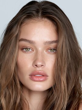 Close-up portrait of a young adult with long brown hair
