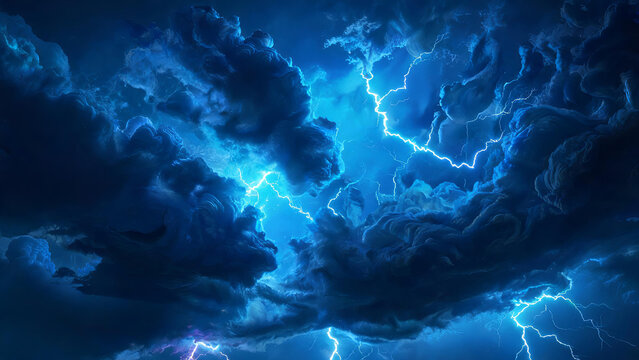Intense blue lightning strikes cut through dark, heavy storm clouds in a dramatic thunderstorm sky. A vivid display of atmospheric electrical activity.
