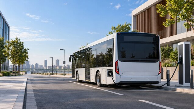 Electric City Bus Charging at Modern Urban Station for Sustainable Public Transportation