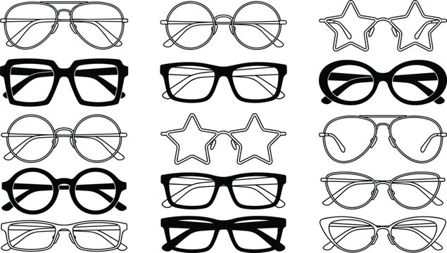 Various eyeglasses frames collection including aviator round star shaped square and cateye style black contour vector icons