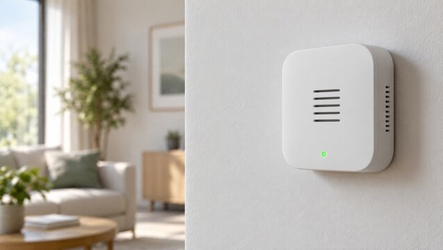 Smart Home Environmental Sensor Mounted on Wall in Modern Connected Living Room