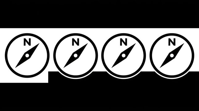 Sequence of four compass icons pointing north direction.