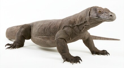 Fototapeta premium Komodo dragon displays movement on a white background in a studio setting
