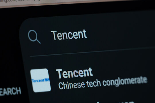 Shenzhen, China - 09 Aug 2026: Search result for Tencent is seen on a digital screen.
