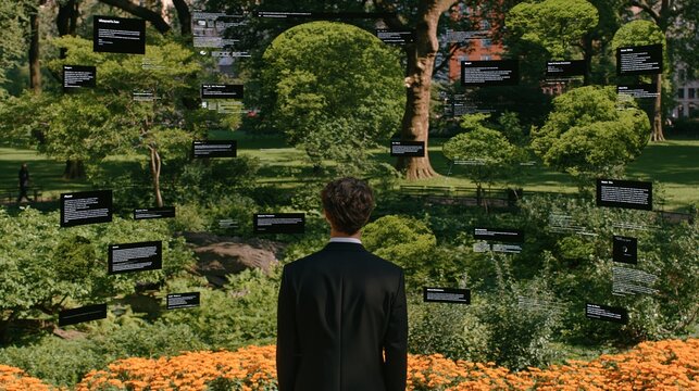 Person viewing floating digital panels in a landscaped garden