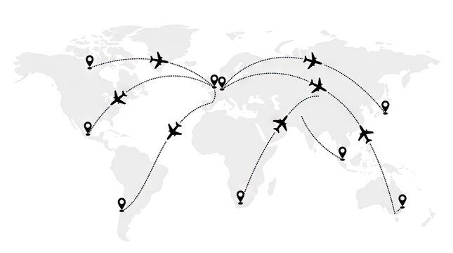 World map with global flight routes and location pins.