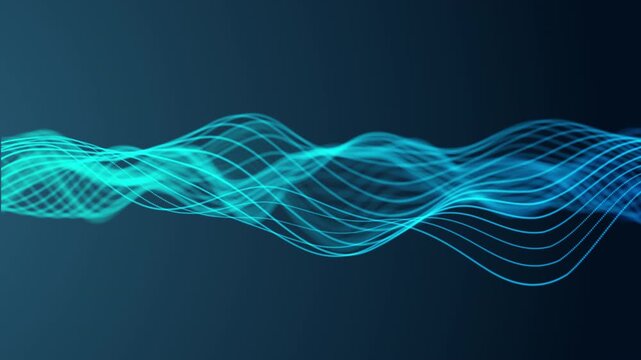Futuristic cyberpunk neon wave grid tunnel background with glowing purple and blue curve lines flowing through a dark digital space, luminous drifting particles, 4K UHD looped clip.
