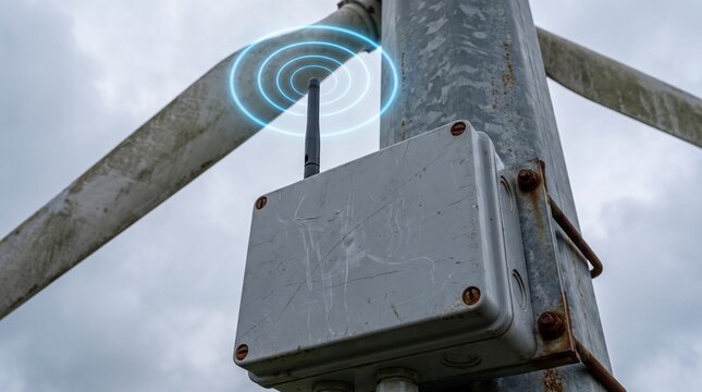 Conceptual close up of a rugged LoRaWAN industrial gateway on a wind turbine mast