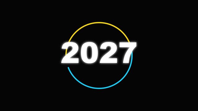 Animated 2027 text with a glowing blue and yellow circular loading ring on a black background