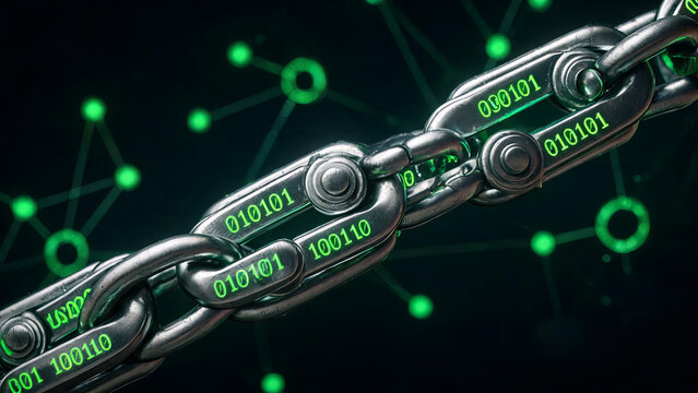 A metallic chain with binary code links represents blockchain technology, set against a glowing network background, symbolizing secure digital transactions.