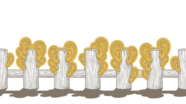 Weathered wooden fence posts with human ear fungi in a surreal retro vector border illustration