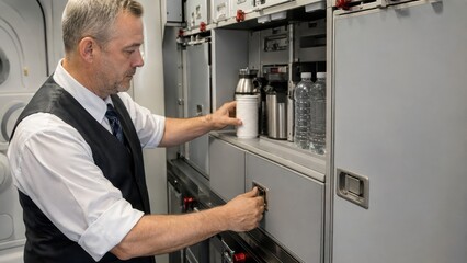 Fototapeta premium Male flight attendant in formal attire organizes beverage supplies inside an aircraft galley, with water bottles and coffee containers visible in the storage compartments