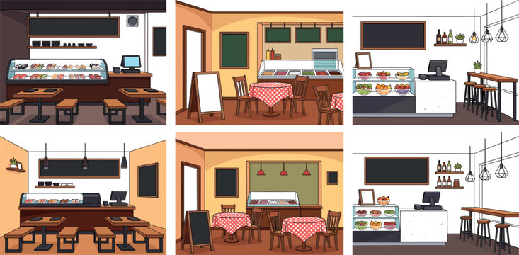 Flat vector illustration set of empty restaurant interiors featuring cafe bakery counters dining tables chairs and menus