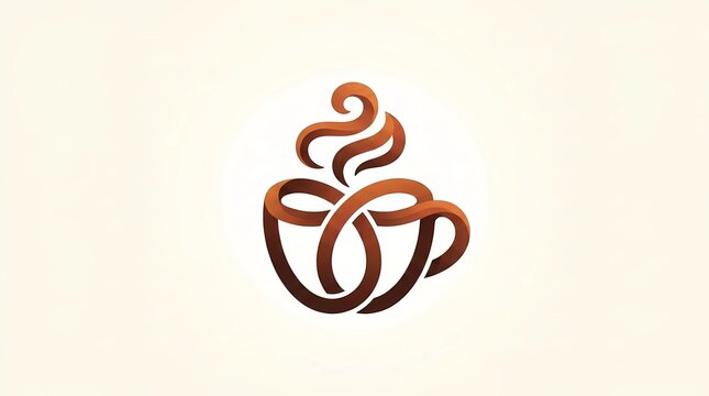 Abstract coffee cup logo design icon vector illustration with elegant ribbon loop and steam on cream background