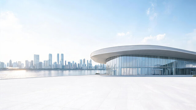 A sleek modern waterfront building with a curved roof, set against a distant city skyline across calm water under clear sky.