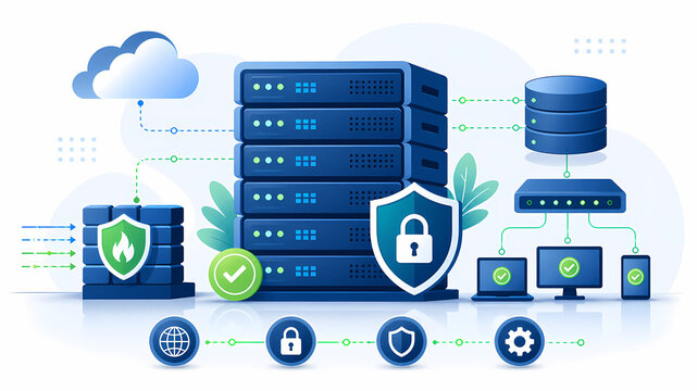 Secure Server Rack And Firewall Protecting Cloud Network And Devices, Data Center Illustration