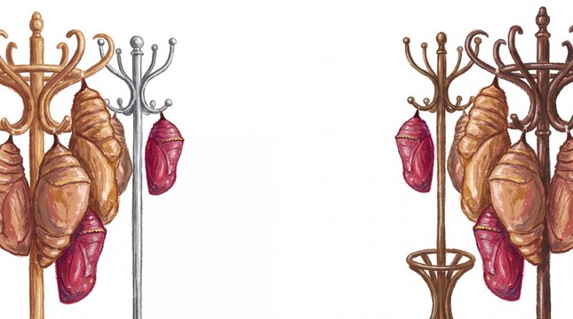 Waxy crayon illustration of large insect cocoons hanging from wooden and silver coat racks