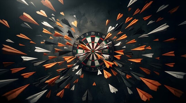 Dartboard centered with numerous orange white and black paper airplanes flying towards the bullseye in a dramatic explosion of motion against a dark textured background
