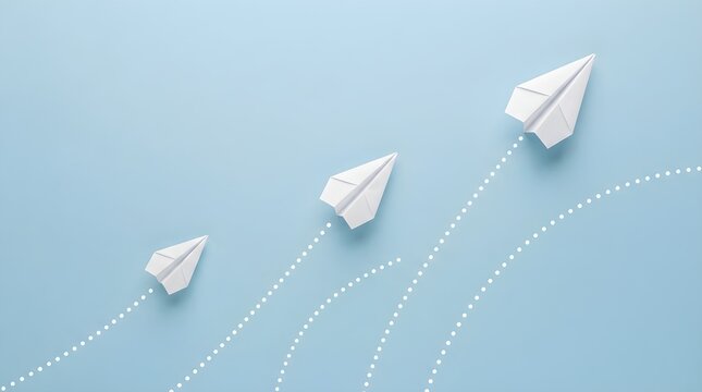 Three white paper planes flying upward on a clean light blue background with dotted lines showing their paths for business strategy and creative leadership growth concepts