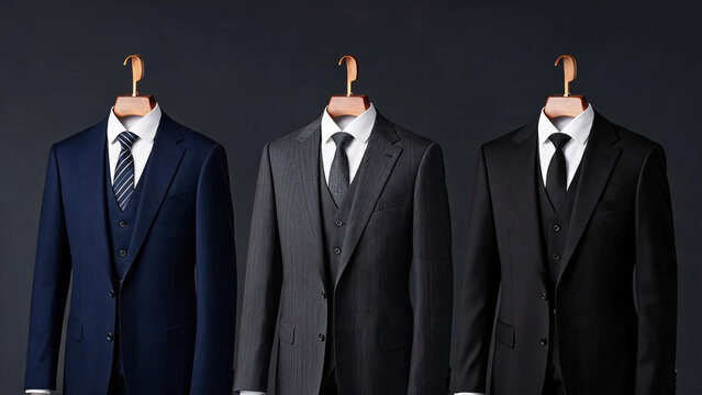 Three tailored men's business suits, each with a vest, white shirt, and tie, hung on wooden hangers against a dark neutral background.